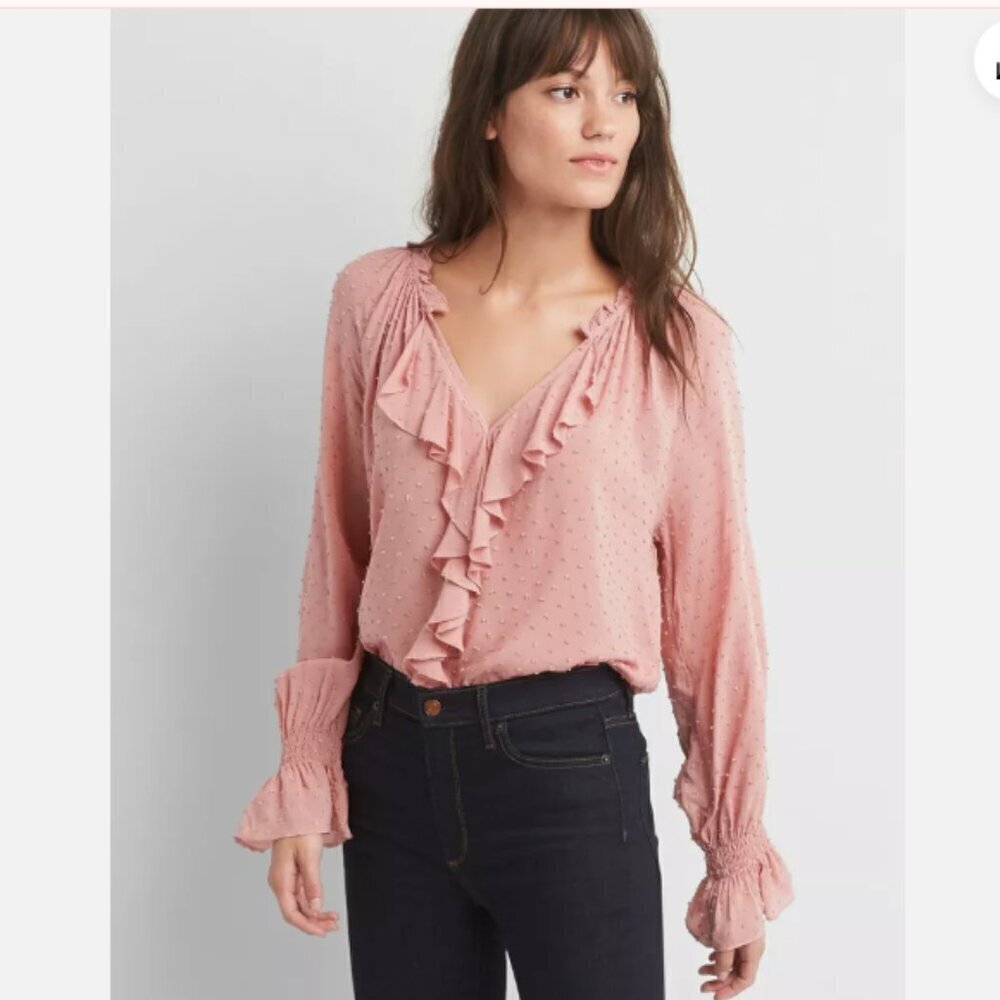GAP Women's Swiss Dot Cascade Ruffle‎ Top Pink Size Medium